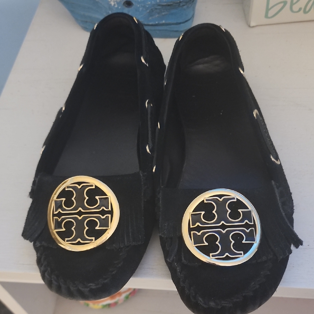 Tory Burch Black Moccasins with Gold Emblem